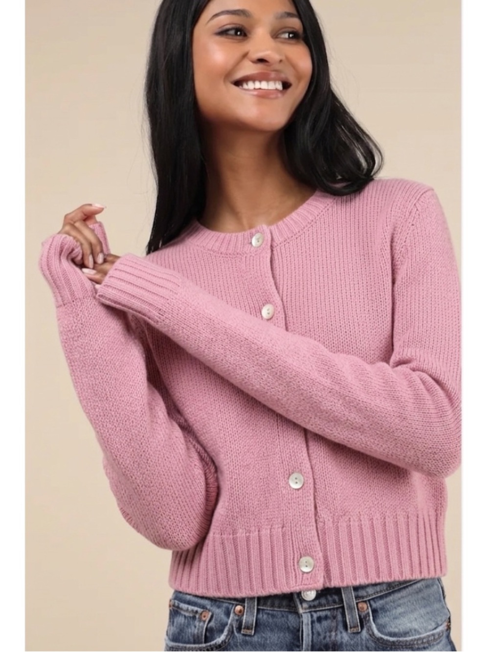 Moon & Madison Crewneck Button Fisherman Knit Chunky Cardigan Size S Pink